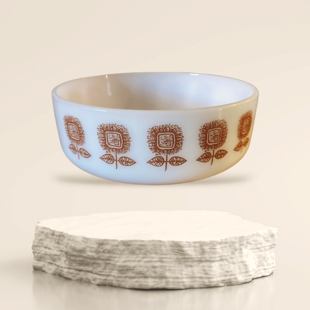 Vintage Federal Milk Glass Bowl Sunflower Pattern Mid Century modern 7 3/4" diam